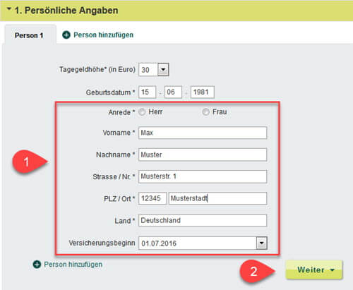 Krankenhaustagegeldversicherung Online Antrag persnliche Angaben eintragen