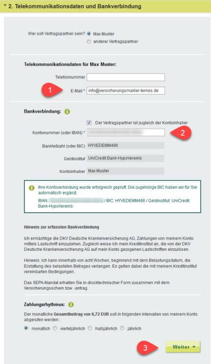 Krankenhaustagegeldversicherung Bankdaten eingeben