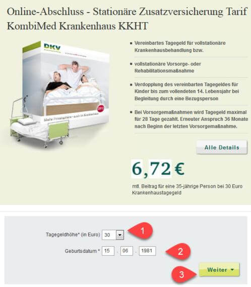 Krankenhaustagegeldversicherung ohne Gesundheitsfragen Online Rechner Anleitung